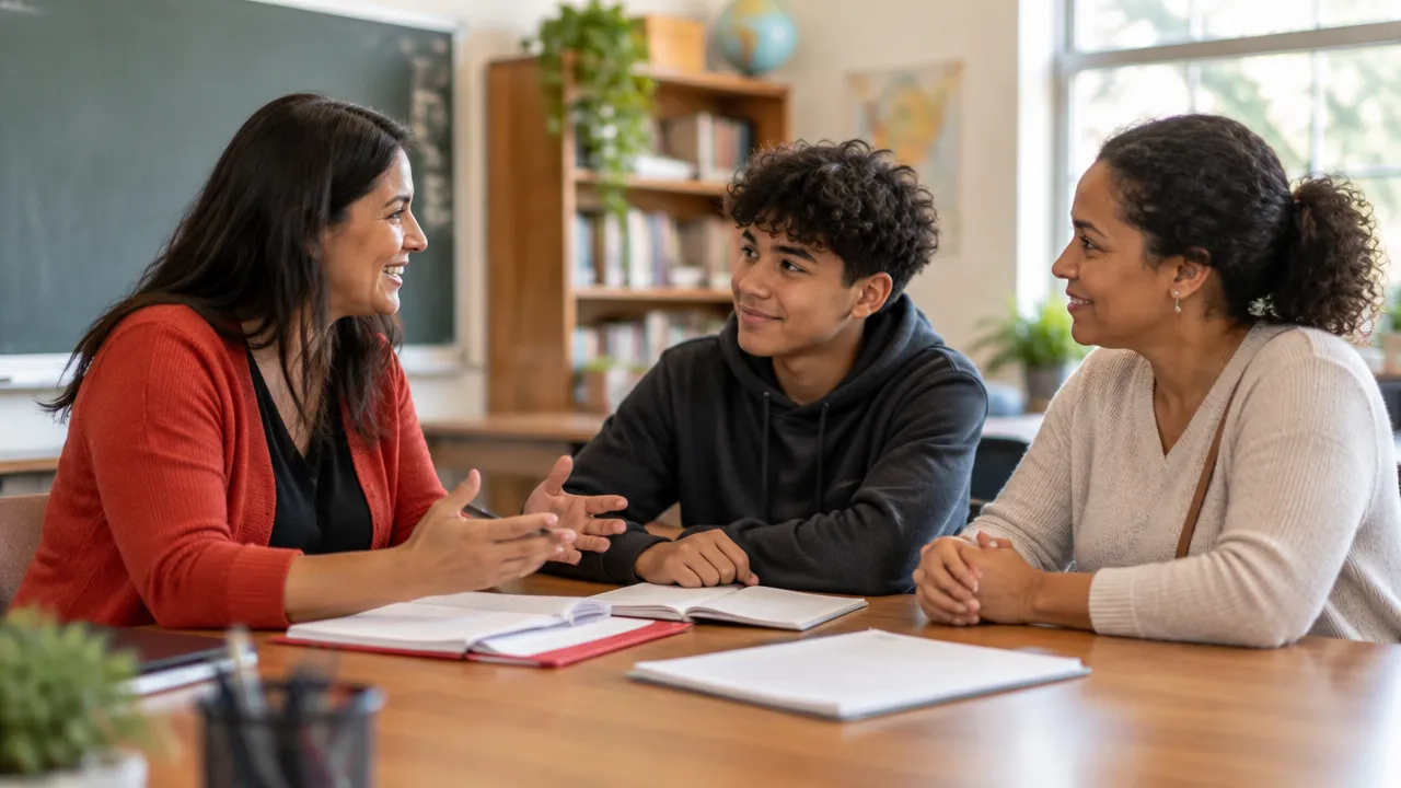 Família, estudante e professora conversam em conjunto sobre o percurso escolar