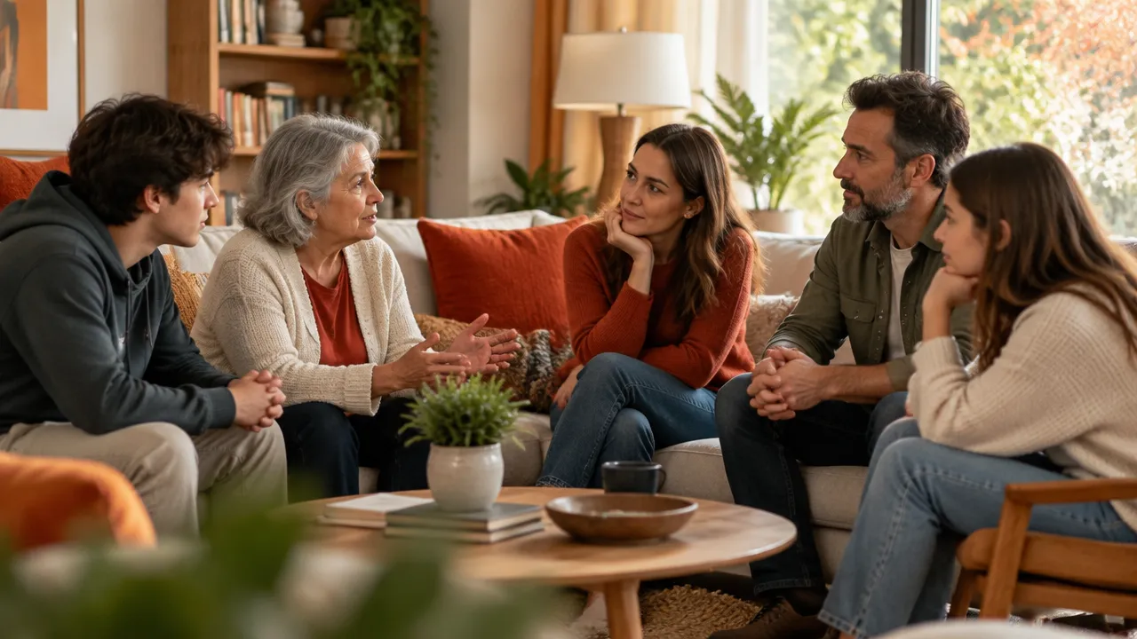 Familia multigeneracional sentada en círculo y escuchándose durante una conversación tranquila en casa