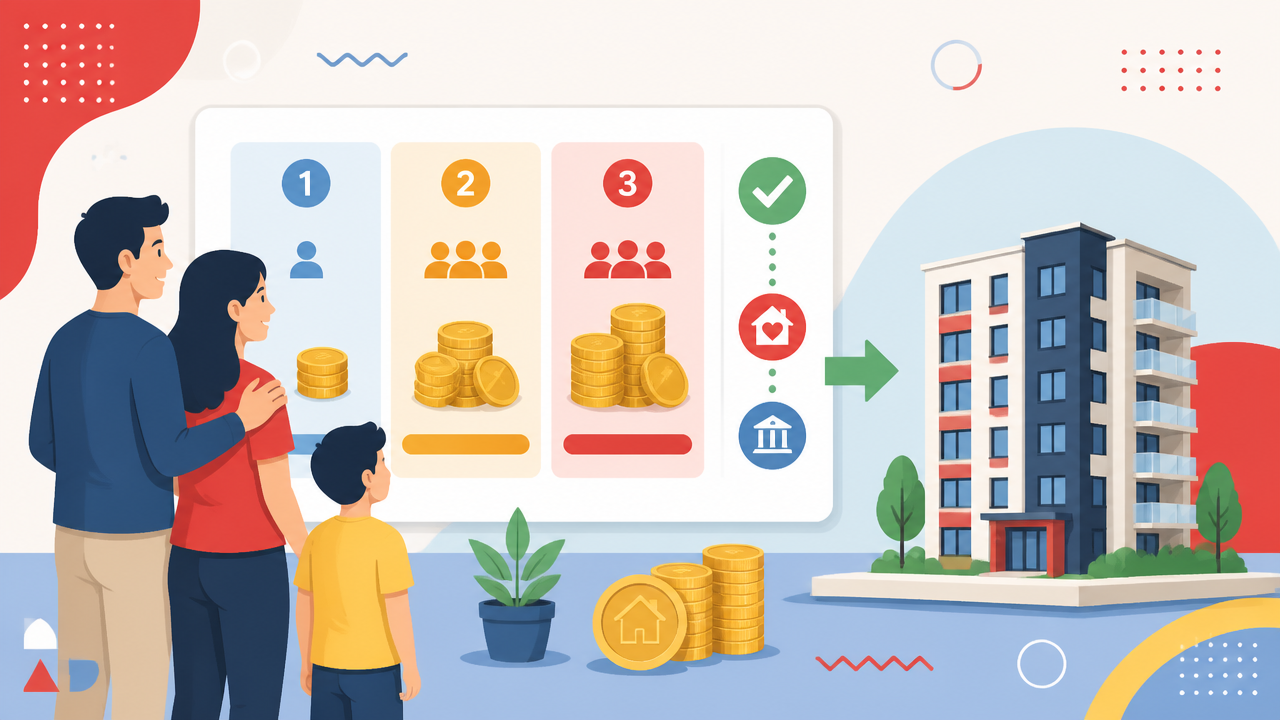 Família observando painel ilustrado com faixas de renda e financiamento habitacional.