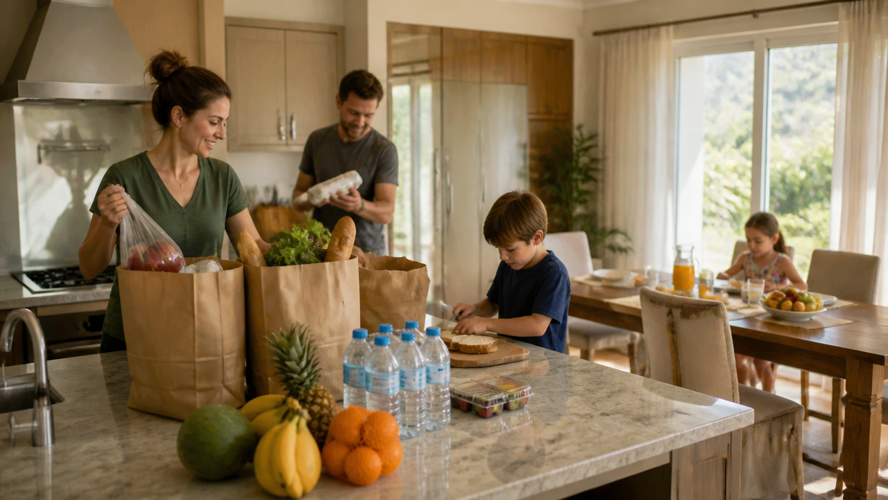 Família organizando compras e lanches na cozinha de uma casa de temporada em Orlando
