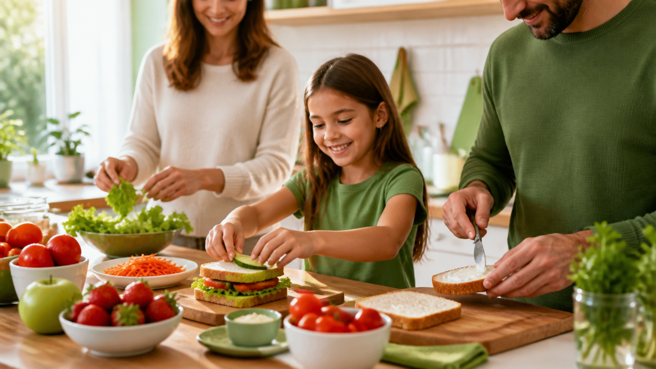 Família preparando um lanche saudável com frutas e alimentos naturais na cozinha.