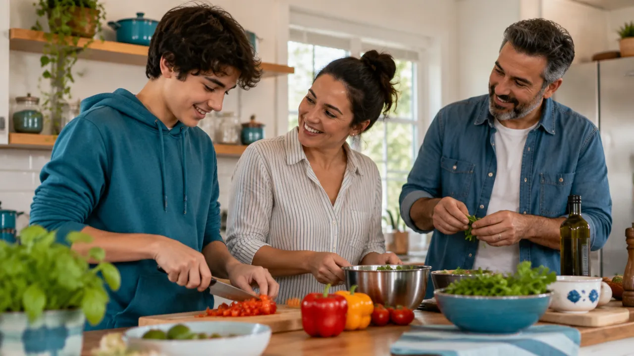 Família preparando uma refeição em conjunto, com o adolescente participando e sendo ouvido