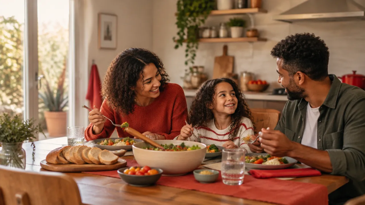 Família reunida à mesa, compartilhando uma refeição com atenção e tranquilidade