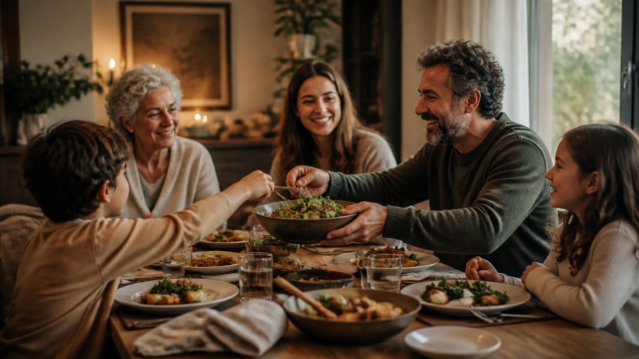 Família reunida à mesa em refeição simples, compartilhando um momento de acolhimento e alegria