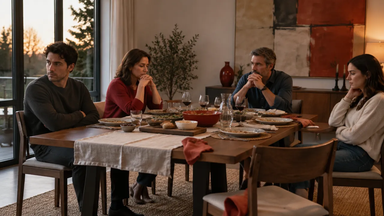 Família reunida à mesa em silêncio, com linguagem corporal que sugere tensão não expressa