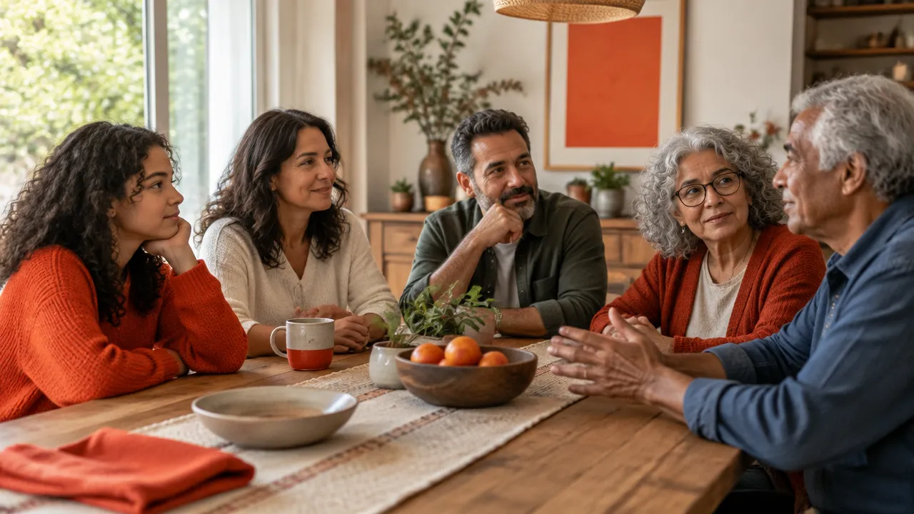 Familia reunida alrededor de una mesa, escuchándose con calma mientras conversa sobre sus valores