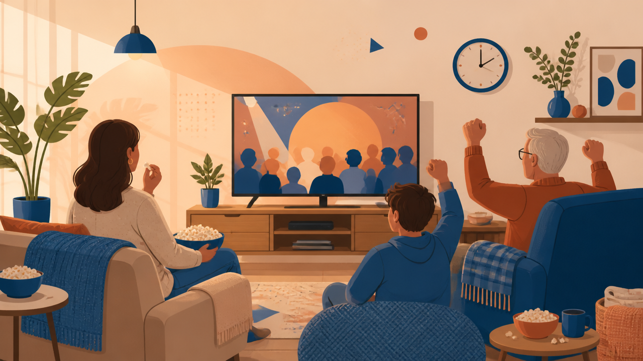 Família reunida diante da TV aberta em um momento coletivo