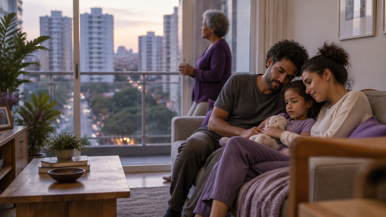 Família reunida em apartamento urbano, com prédios da cidade visíveis pela janela