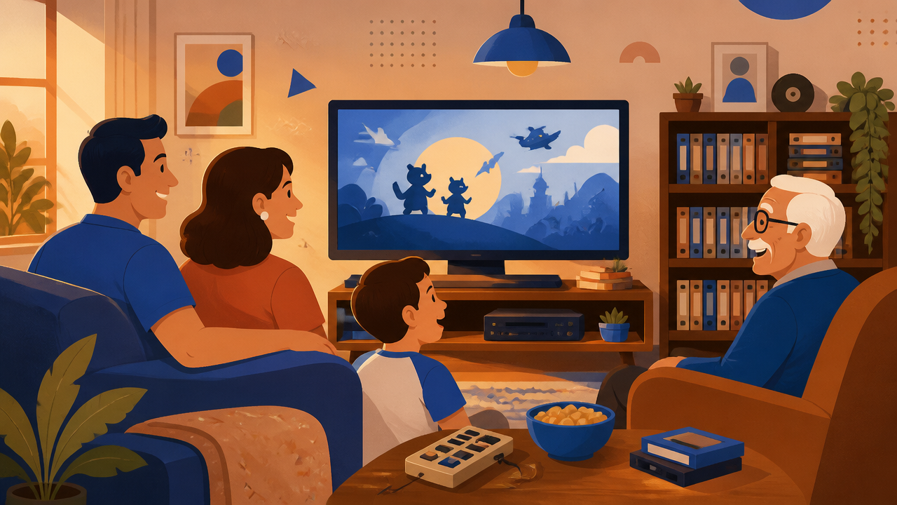 Família reunida em casa assistindo a clássicos dublados, em clima de nostalgia e conexão entre gerações