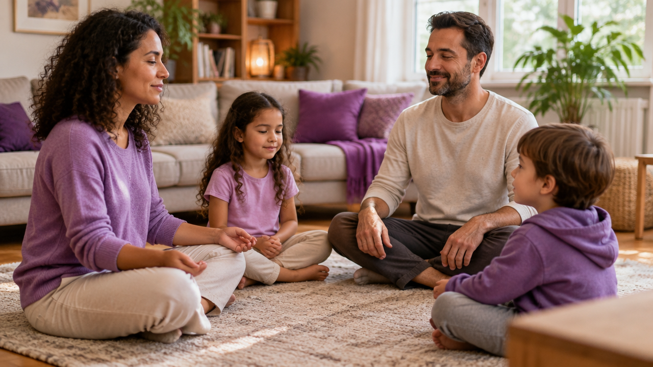Família reunida em círculo na sala de casa, fazendo uma breve prática de respiração consciente.