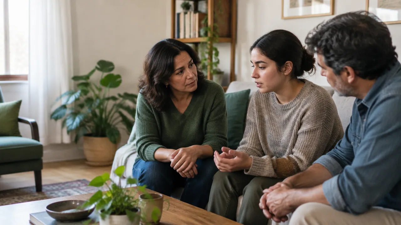 Familia reunida en casa, escuchándose con calma durante una situación difícil