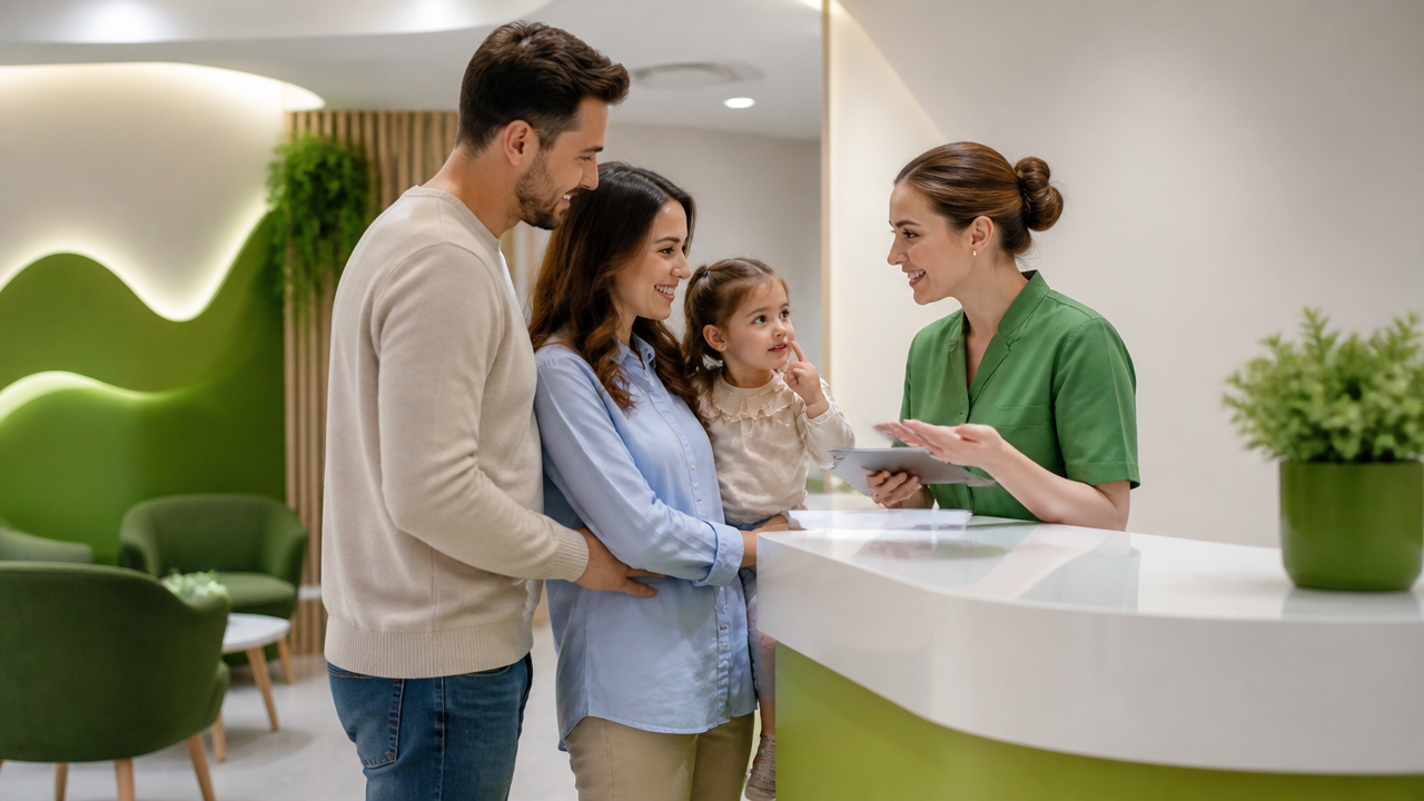 Família sendo acolhida em recepção organizada de clínica pediátrica