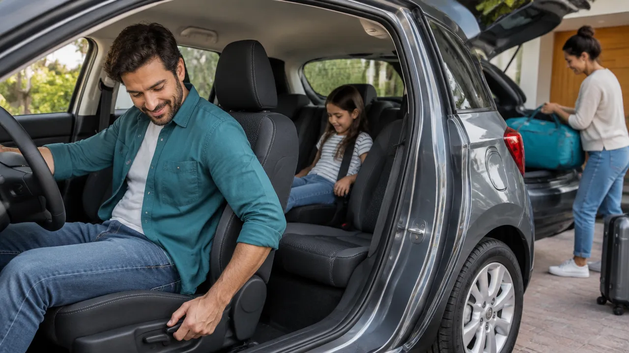 Família verifica o espaço interno e o porta-malas de um carro compacto antes de uma viagem