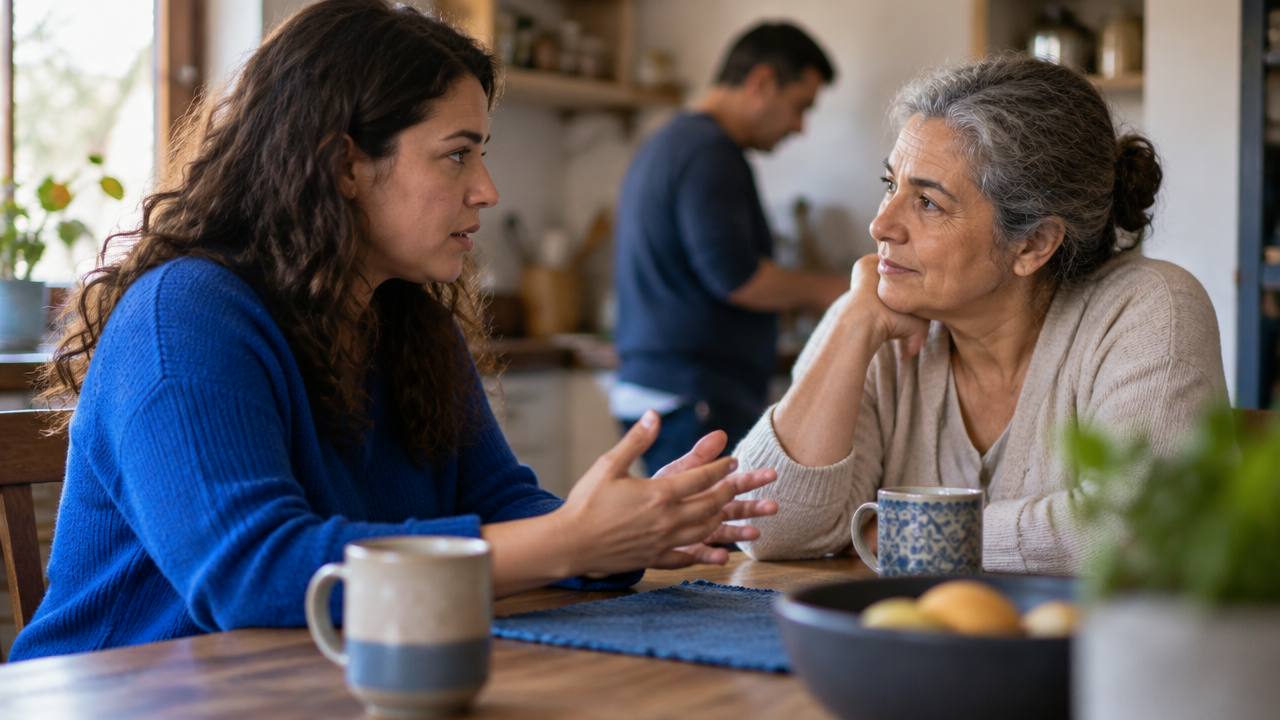 Familiar escuta com atenção enquanto outra pessoa fala durante uma conversa difícil à mesa