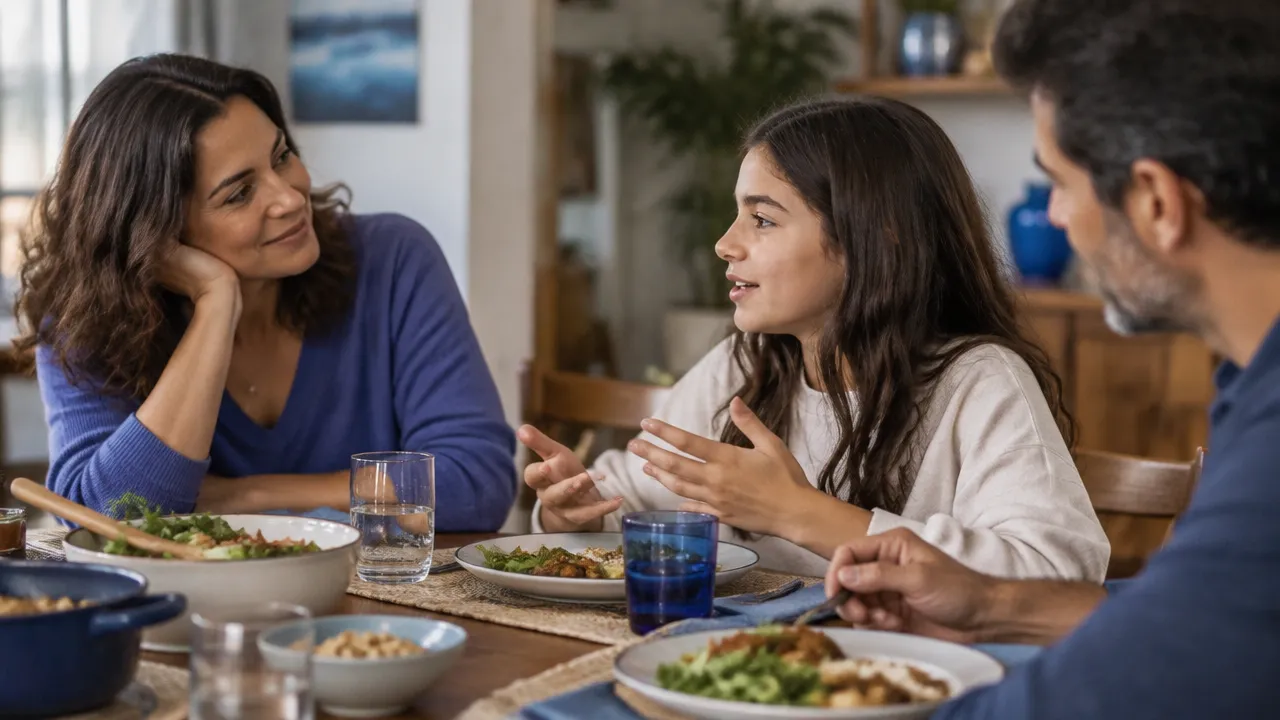 Familiar escutando com atenção uma criança durante uma refeição em família