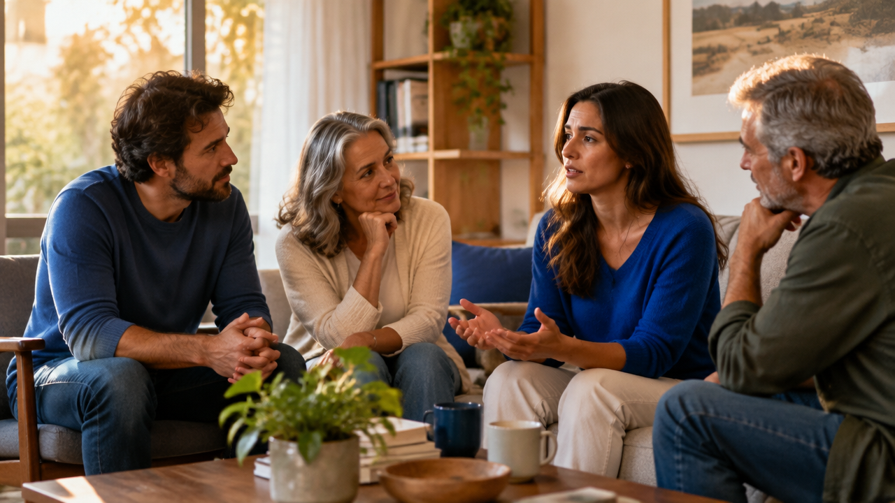 Familiares conversam com atenção e respeito em uma sala iluminada, sem interromper ou julgar