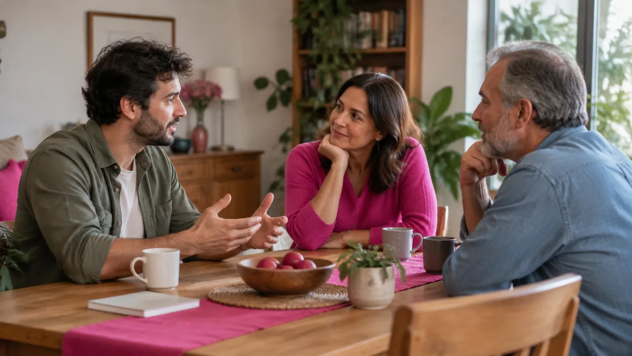 Familiares dialogam com atenção ao redor de uma mesa, ilustrando como a comunicação influencia os vínculos
