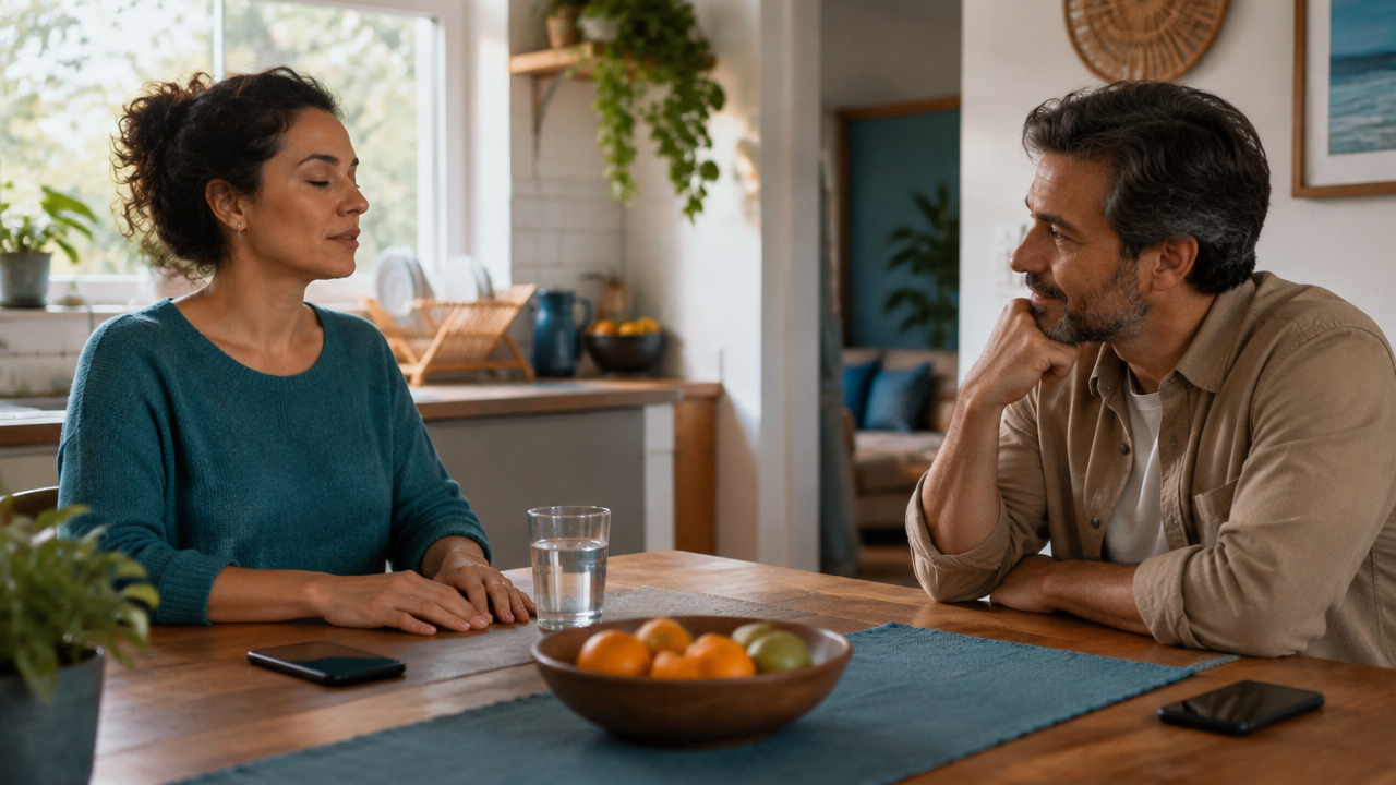 Familiares fazem uma pausa consciente e retomam uma conversa difícil com calma à mesa