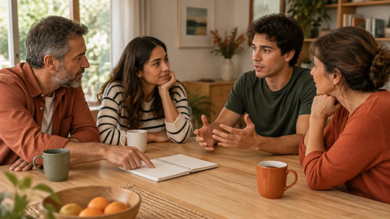 Familiares negociam acordos cotidianos em uma conversa tranquila, com escuta e participação de todos.