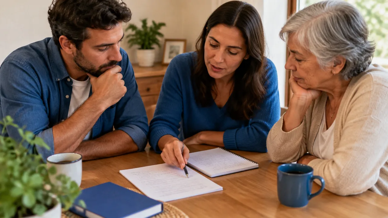 Familiares organizam juntos os critérios de uma decisão em uma folha de anotações