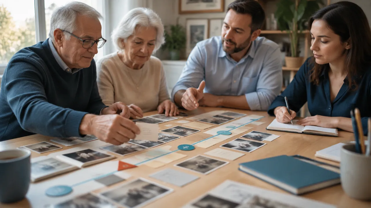 Familiares organizam uma linha do tempo com registros e decisões para preparar uma sucessão empresarial