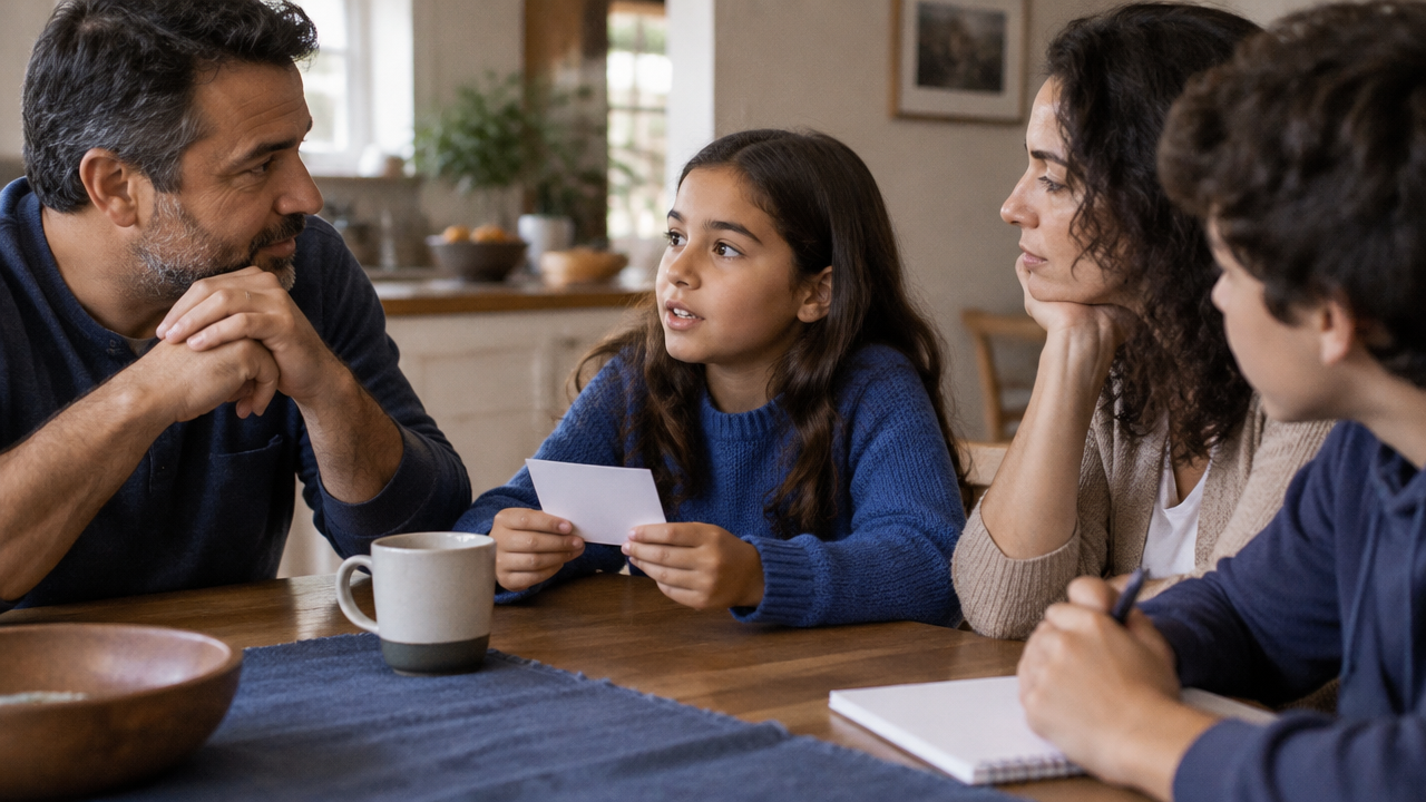 Familiares praticam uma conversa semanal de escuta à mesa, com um cartão e caderno compartilhados