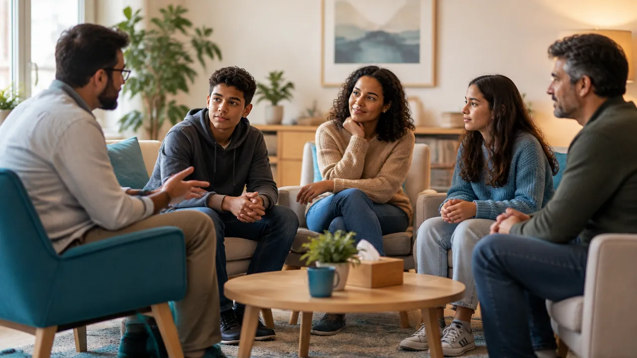 Familiares se escutam durante uma sessão de terapia em grupo
