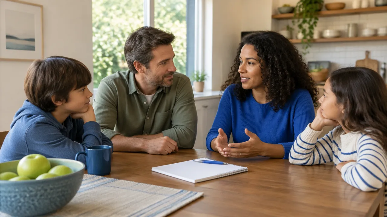 Family members calmly discussing household roles and expectations around a kitchen table