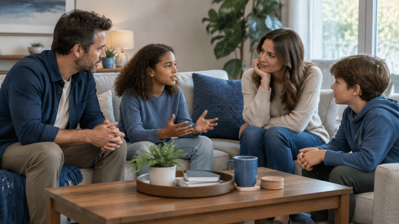 Family members in a blended household listen to one another during a calm conversation.