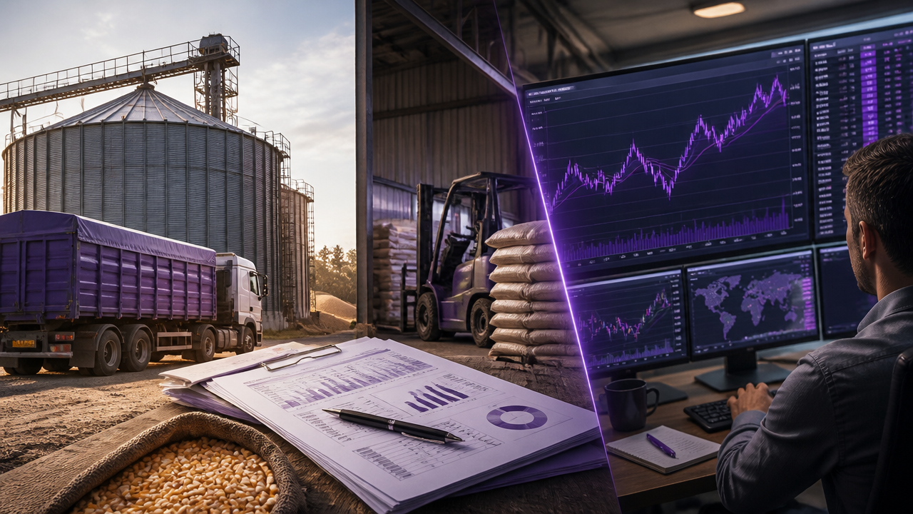 Farm logistics and futures screens illustrating commodity price formation