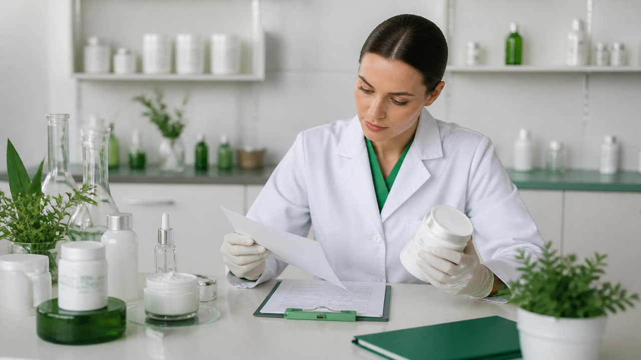 Farmacêutica avaliando composição de dermocosmético manipulado para pele sensível