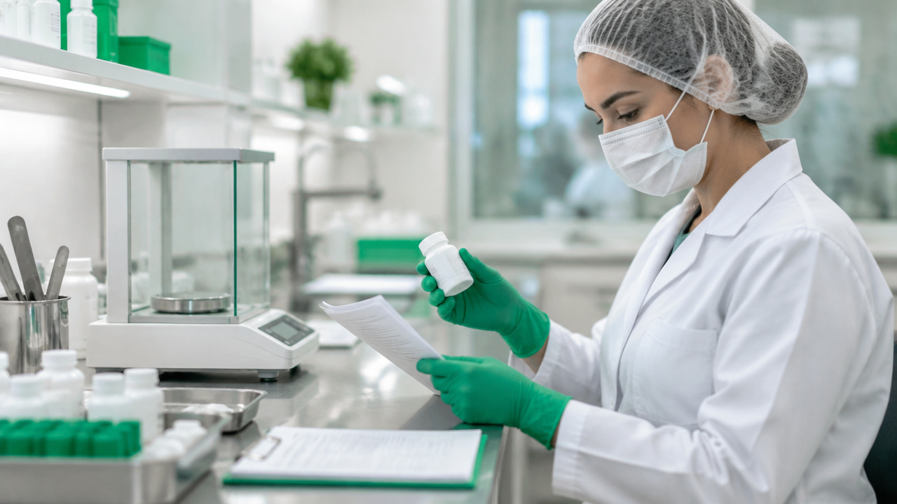 Farmacêutica confere a ficha e o frasco de uma preparação em bancada limpa de laboratório magistral
