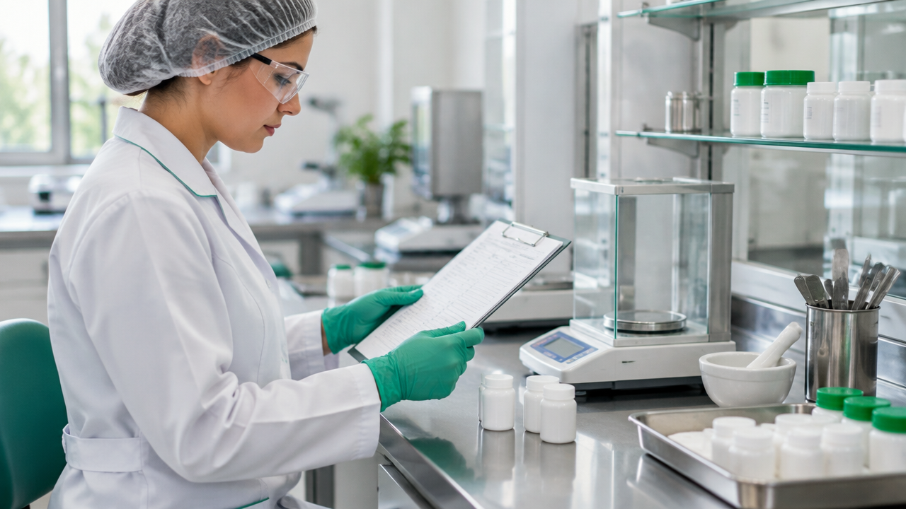 Farmacêutica confere registros e frascos em laboratório limpo de manipulação