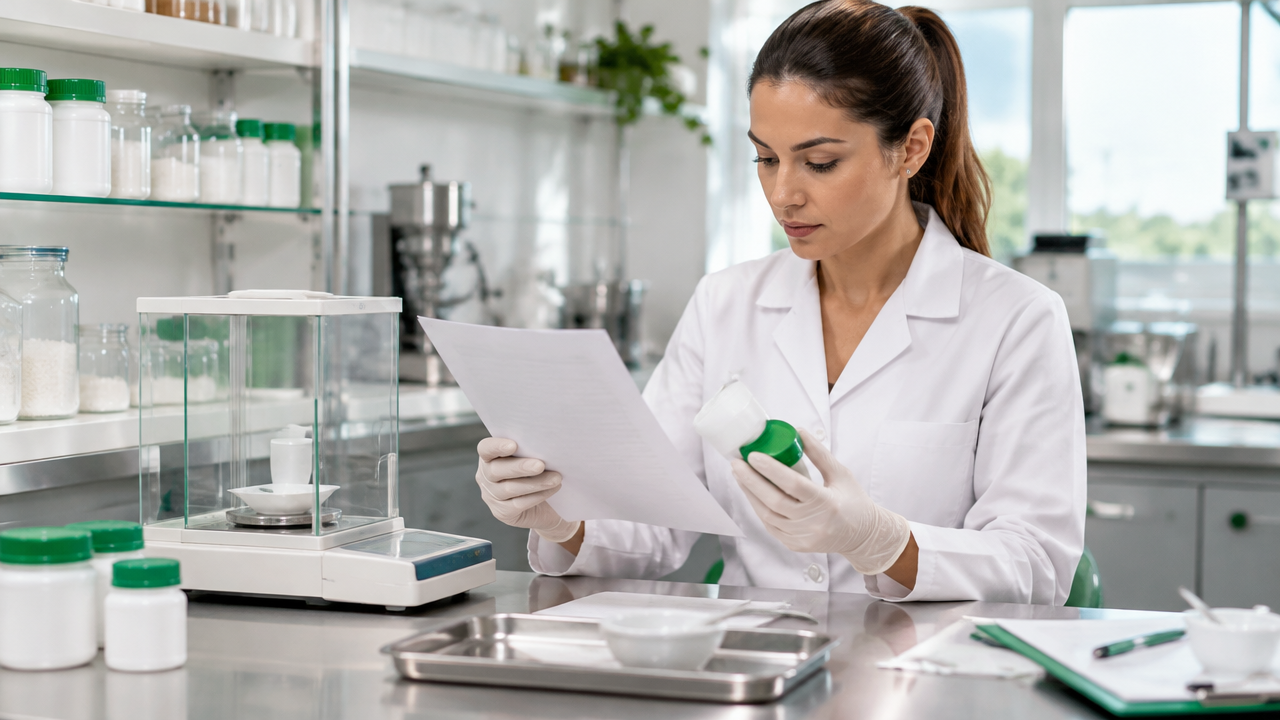 Farmacêutica confere uma prescrição e prepara uma formulação em bancada de laboratório limpa