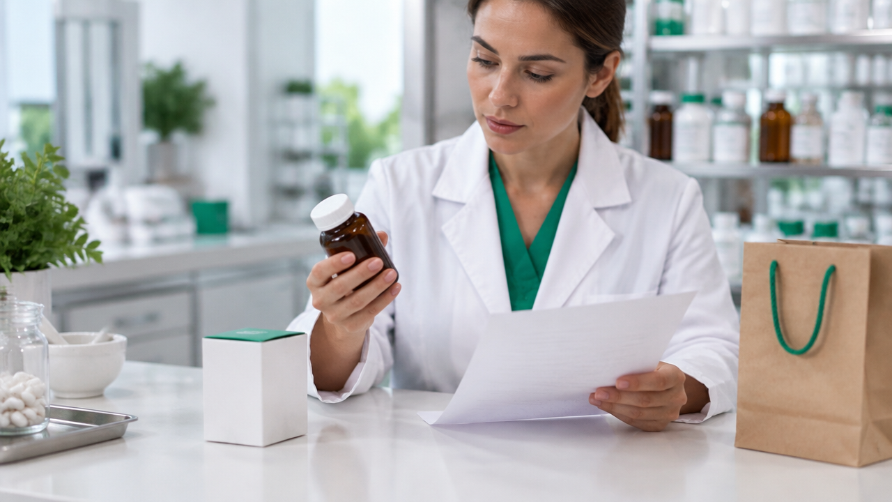 Farmacêutica conferindo a embalagem de um medicamento manipulado antes da liberação