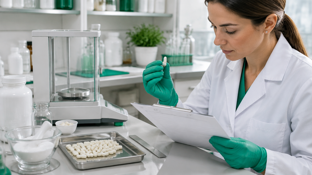 Farmacêutica examina cápsulas e ficha de formulação em laboratório de manipulação