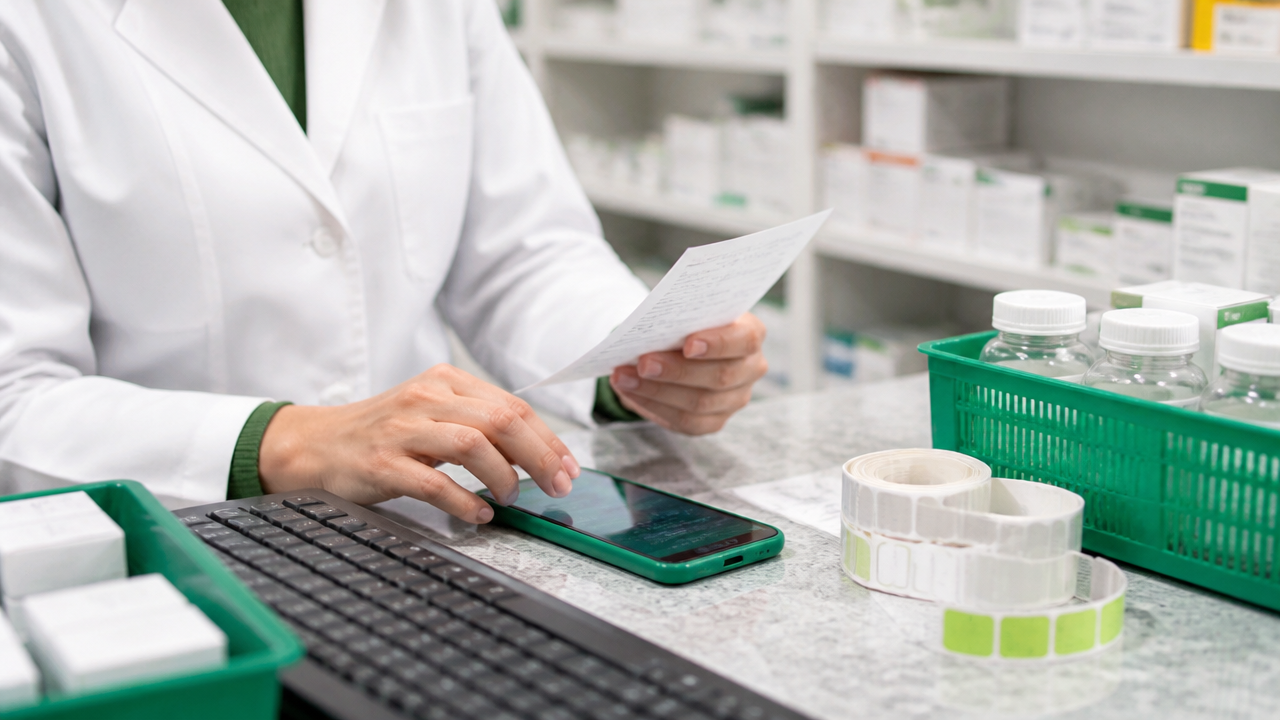 Farmacêutica organizando receita e etapas de atendimento com apoio de celular e computador
