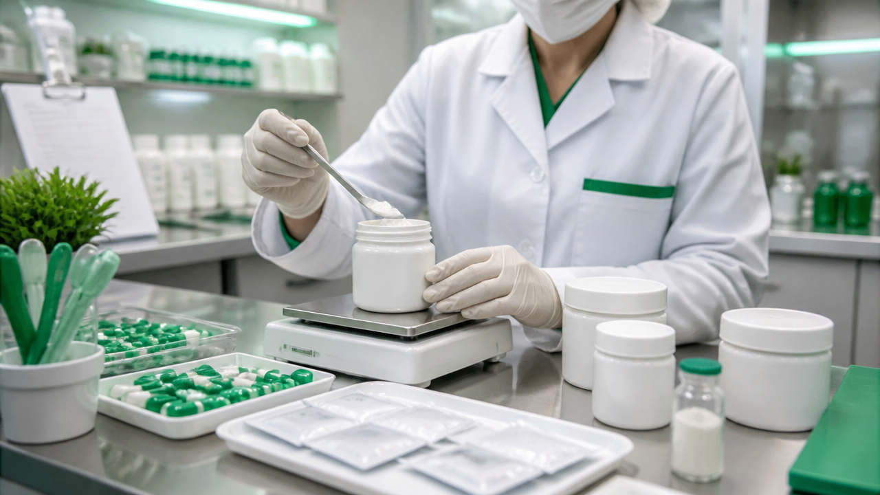 Farmacêutico preparando suplemento manipulado com dosagem personalizada