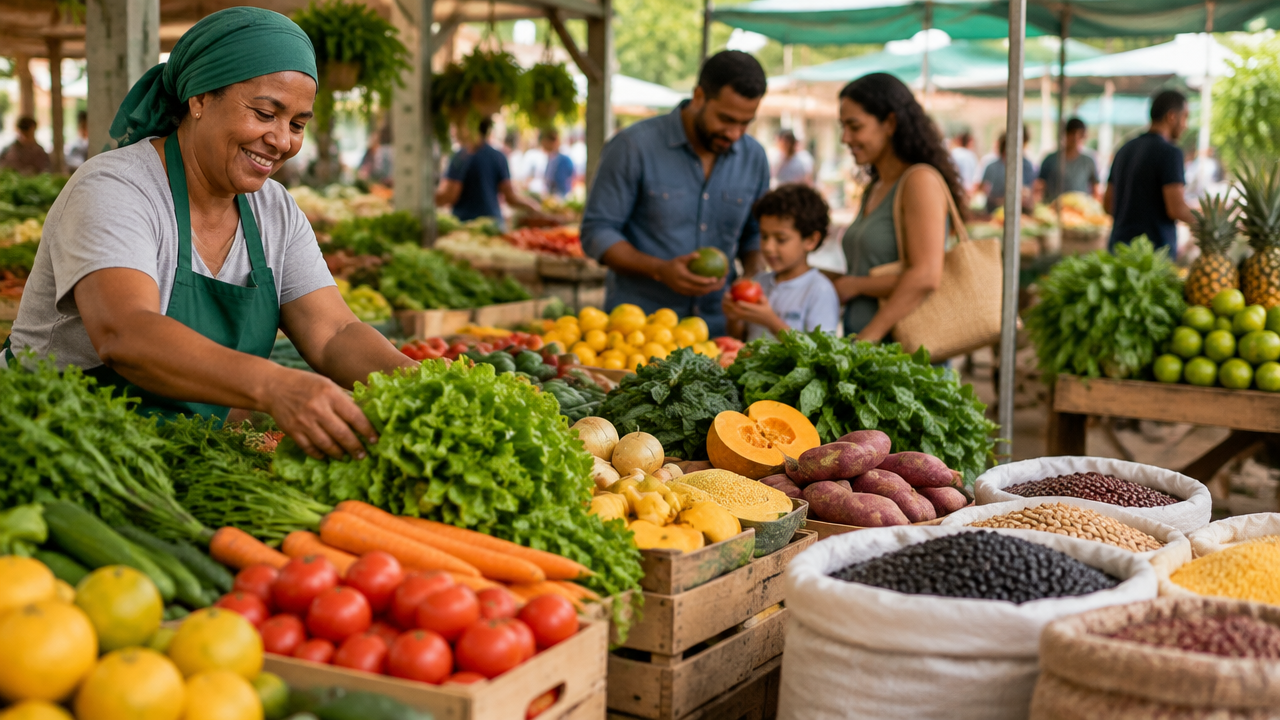 Feirante organiza alimentos variados enquanto consumidores fazem compras, ilustrando disponibilidade e acesso a alimentos.