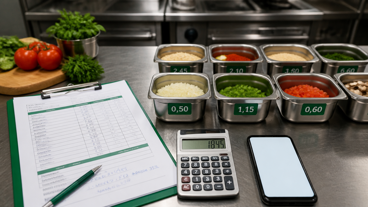 Ficha técnica com ingredientes porcionados e cálculo de custo em bancada de restaurante