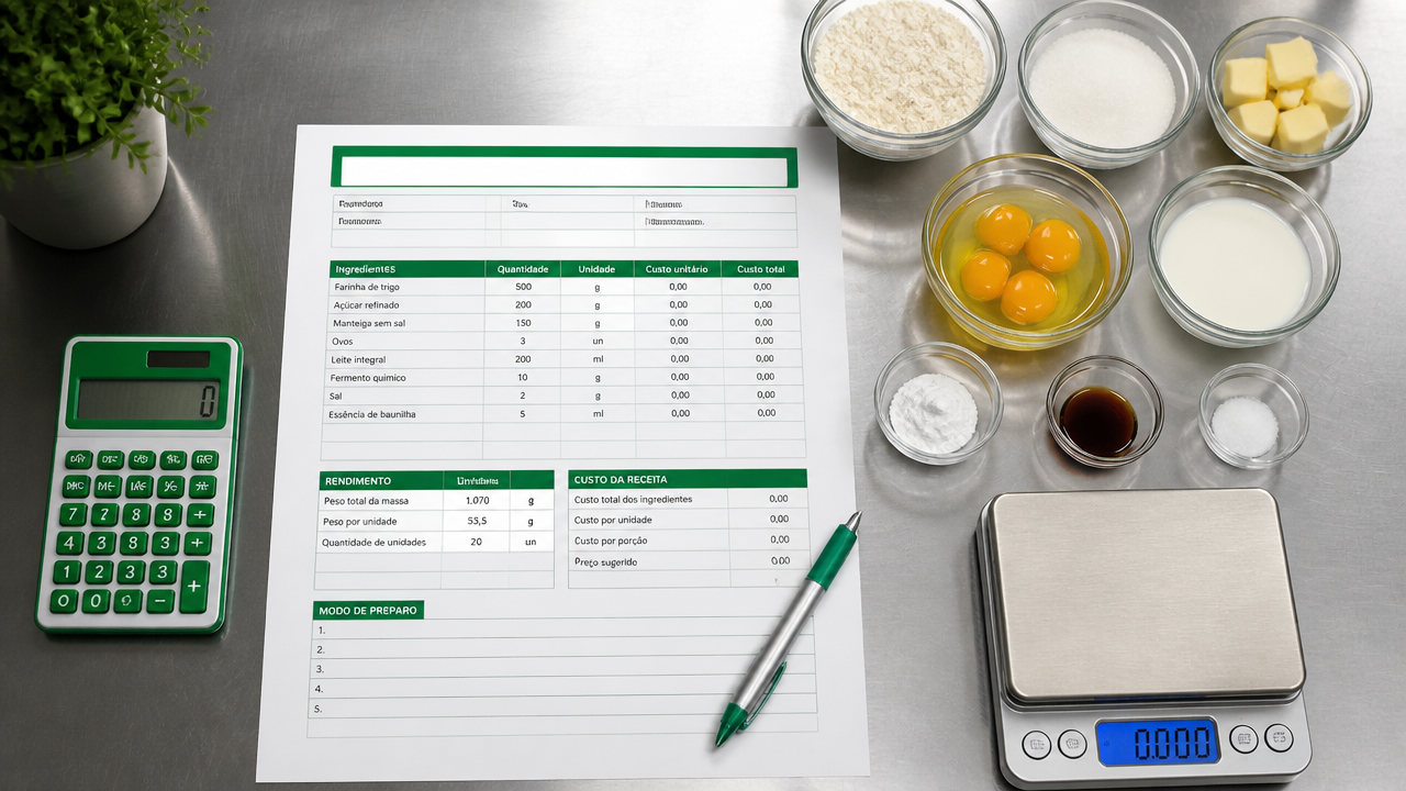 Ficha técnica de receita sobre mesa com ingredientes medidos, balança e utensílios de controle