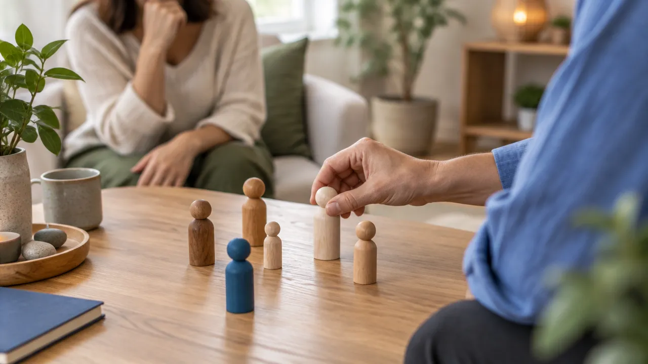 Figuras de madera dispuestas sobre una mesa como recurso simbólico para explorar relaciones familiares