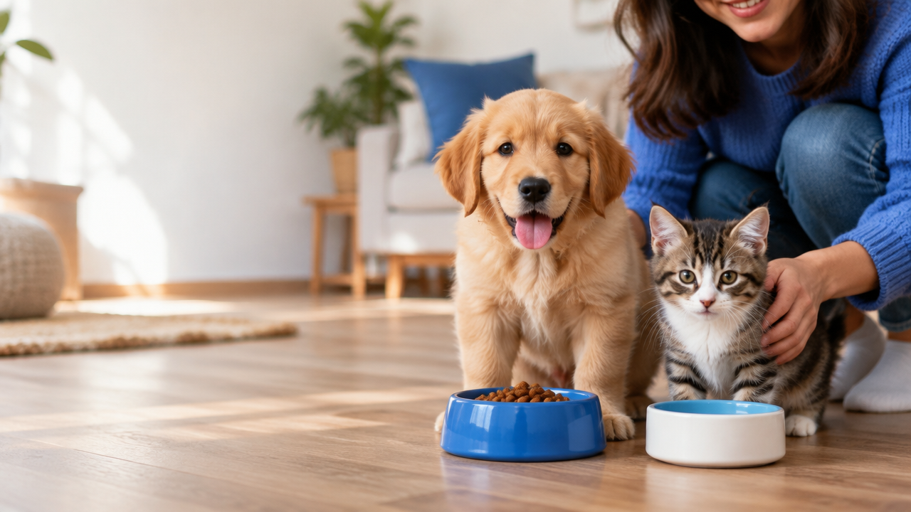 Filhotes de cachorro e gato junto a tigelas de água e alimento em casa