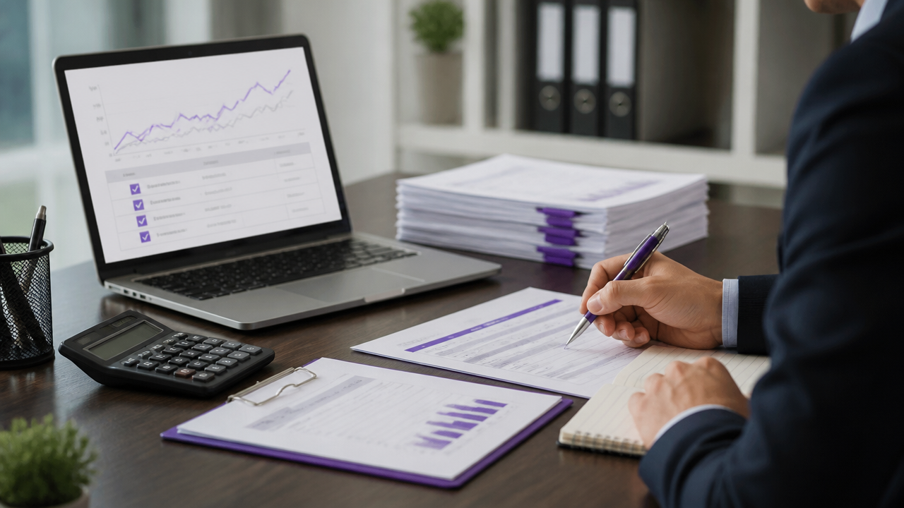 Finance professional reviewing hedge documentation and effectiveness testing materials