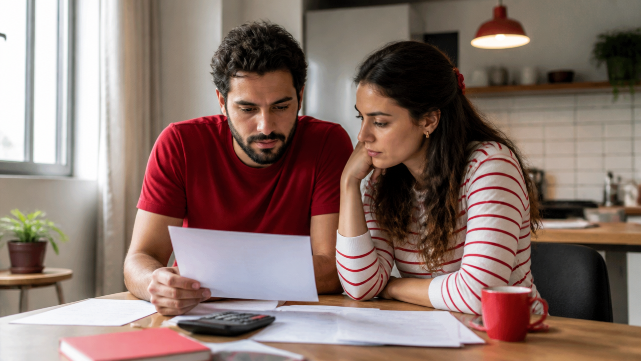 Casal analisa documentos e custos de um financiamento imobiliário em casa.