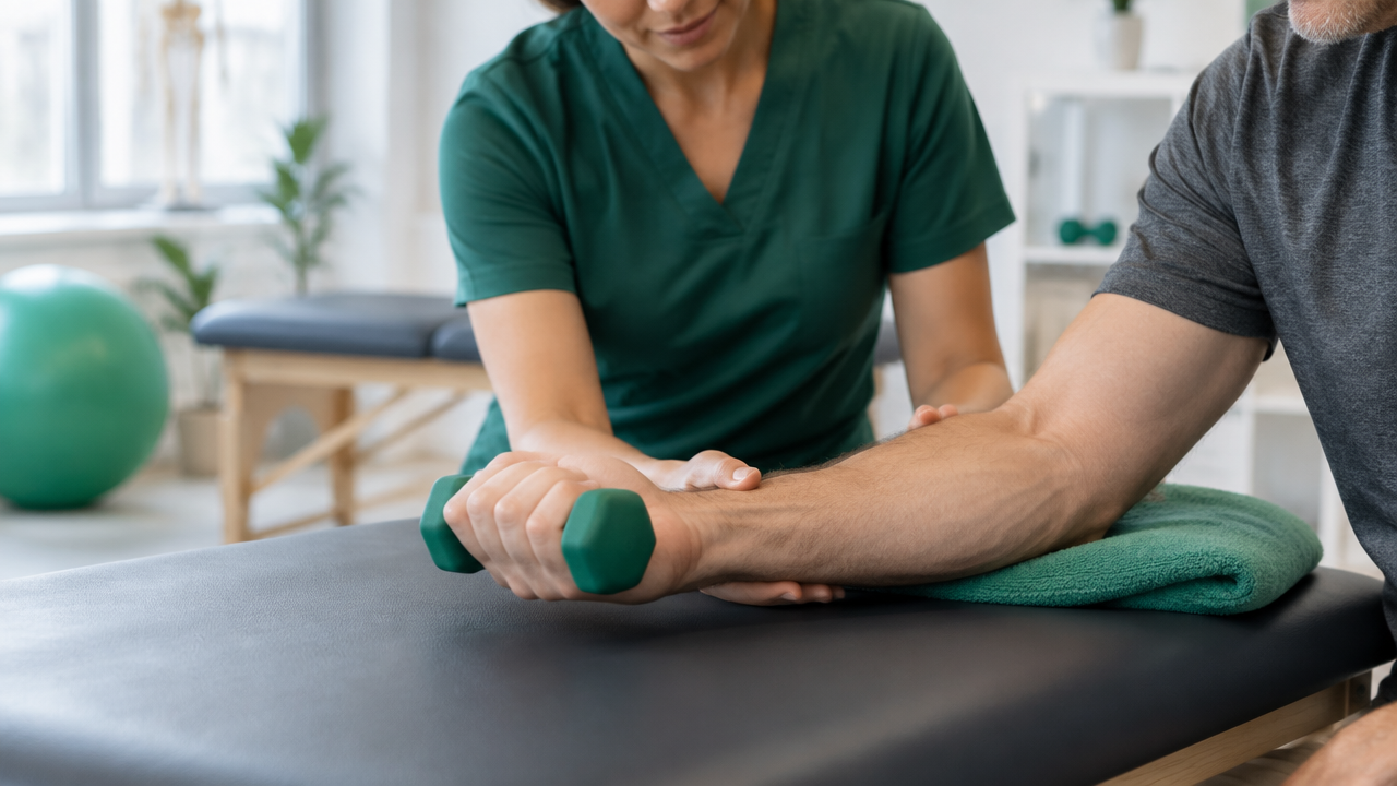 Fisioterapeuta orienta exercício leve e progressivo para o antebraço e cotovelo