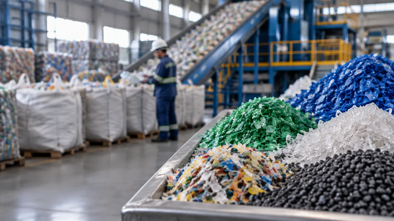 Flocos e grânulos de plástico reciclado diante de uma linha industrial de reciclagem