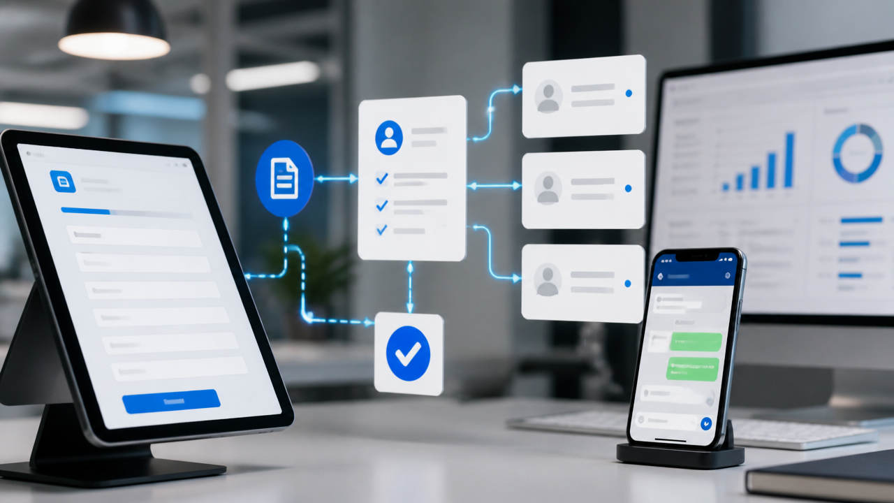Fluxo automatizado conectando formulário, WhatsApp e CRM para triagem de leads