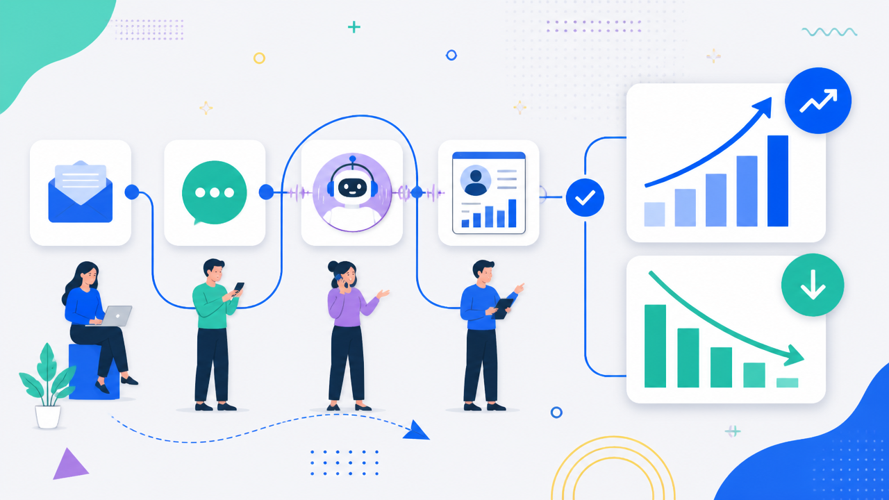 Fluxo de cobrança digital com múltiplos canais, CRM e indicadores de recuperação de crédito.