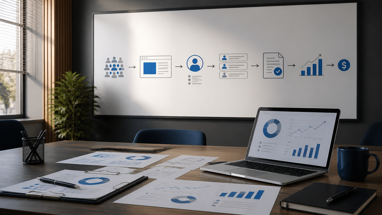 Fluxo de monetização ligando audiência, landing page, CRM e pipeline
